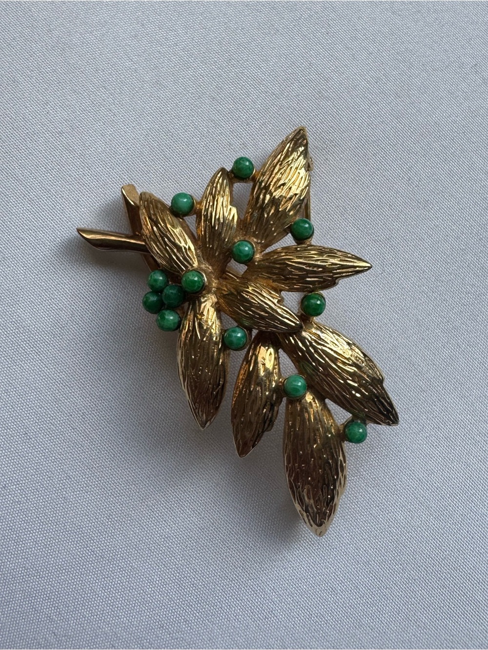 Gold Leaf Brooch with Green Accent Beads - Women Jewelry